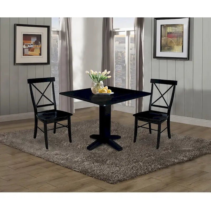 36  Solid Wood Square Dual Drop Leaf Dining Table with 2 Dining Chairs