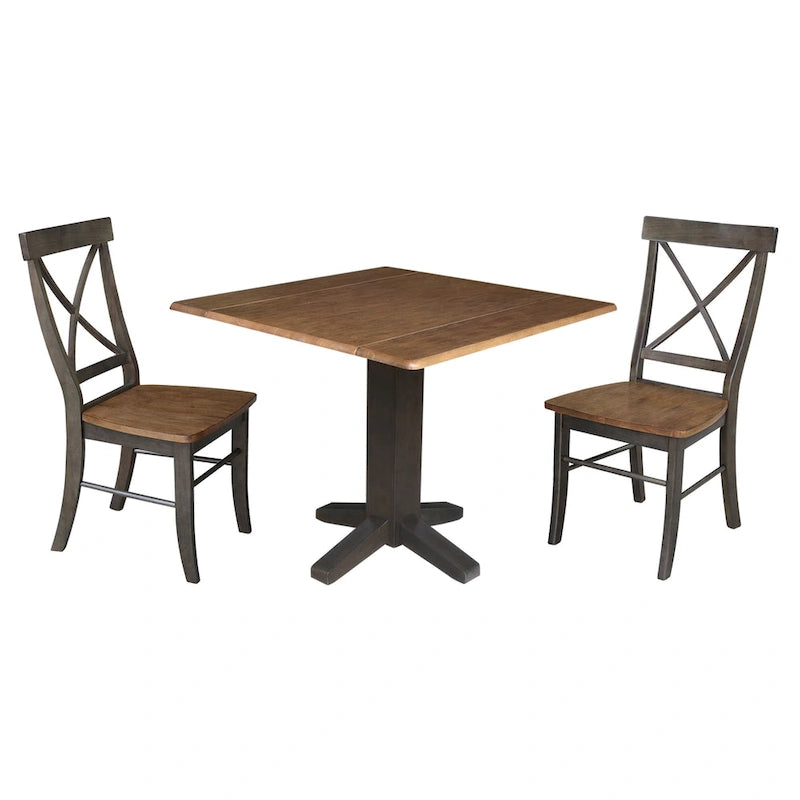 36  Solid Wood Square Dual Drop Leaf Dining Table with 2 Dining Chairs