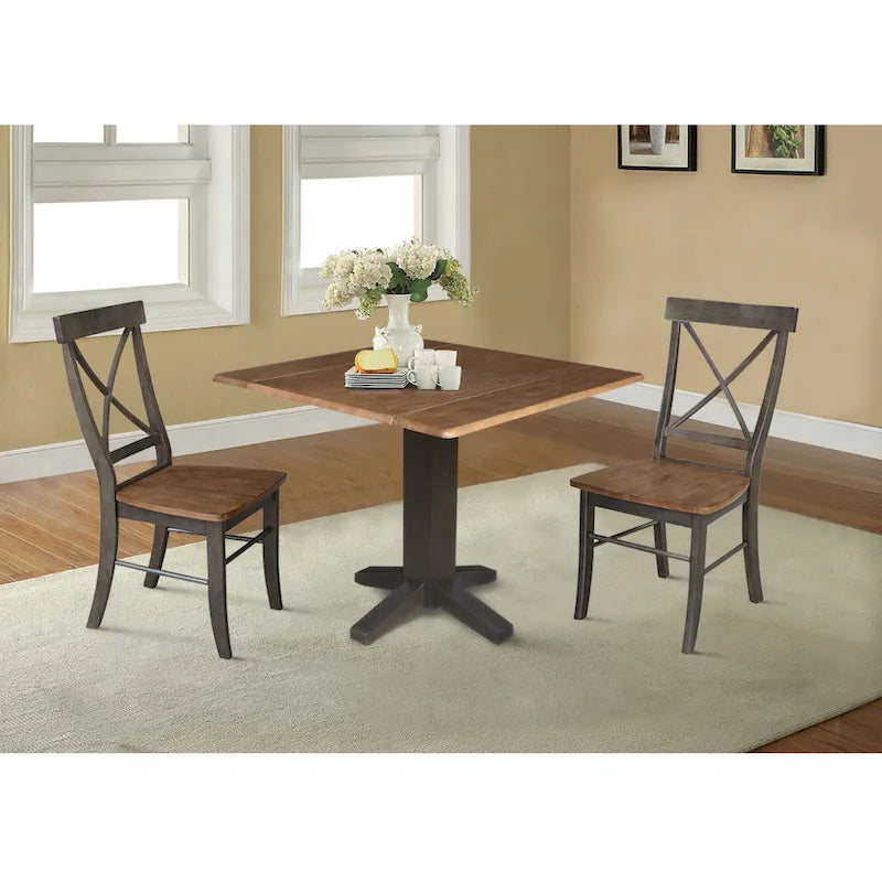 36  Solid Wood Square Dual Drop Leaf Dining Table with 2 Dining Chairs