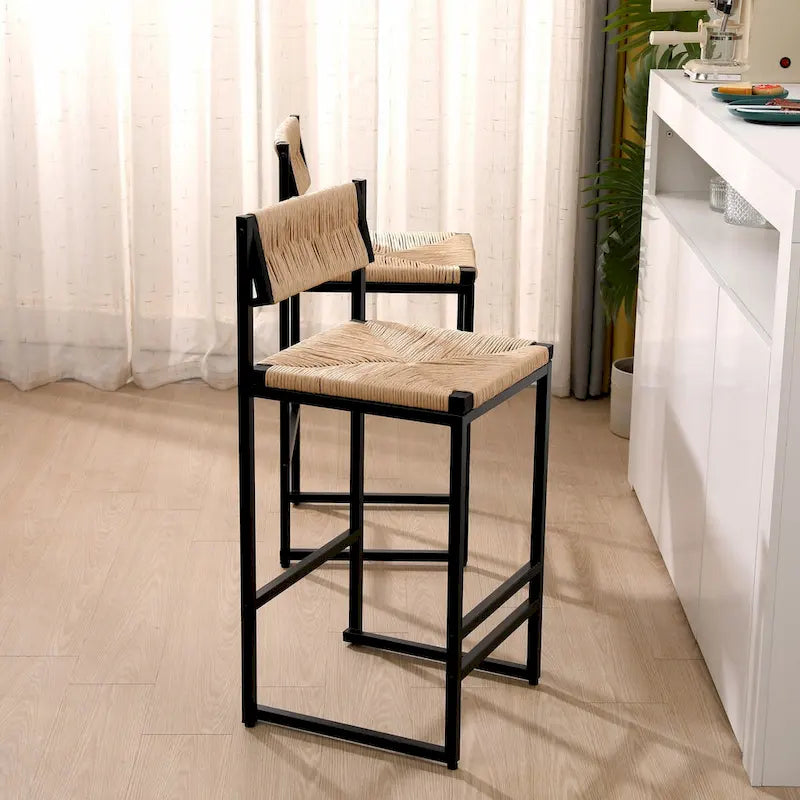 Bar Stools Set of 2 Paper Rope Weave Dining Chairs