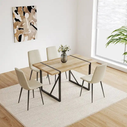 MDF Wood Colour Dining Table and Modern Dining Chairs Set of 4, Mid Century Wooden Kitchen Table Set, Metal Base & Legs