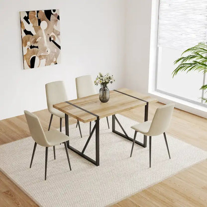 MDF Wood Colour Dining Table and Modern Dining Chairs Set of 4, Mid Century Wooden Kitchen Table Set, Metal Base & Legs
