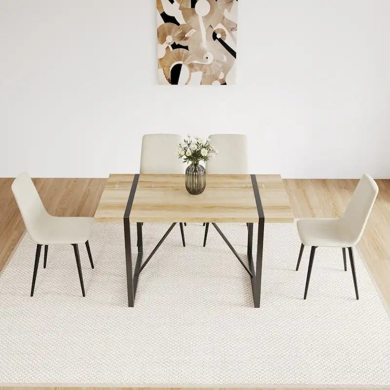 MDF Wood Colour Dining Table and Modern Dining Chairs Set of 4, Mid Century Wooden Kitchen Table Set, Metal Base & Legs