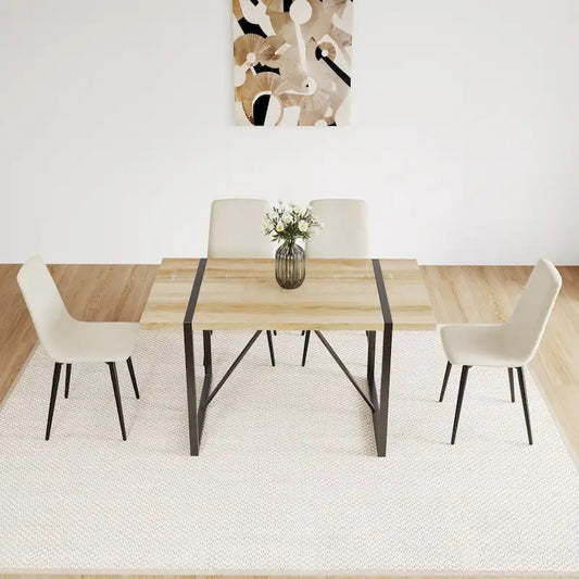 MDF Wood Colour Dining Table and Modern Dining Chairs Set of 4, Mid Century Wooden Kitchen Table Set, Metal Base & Legs