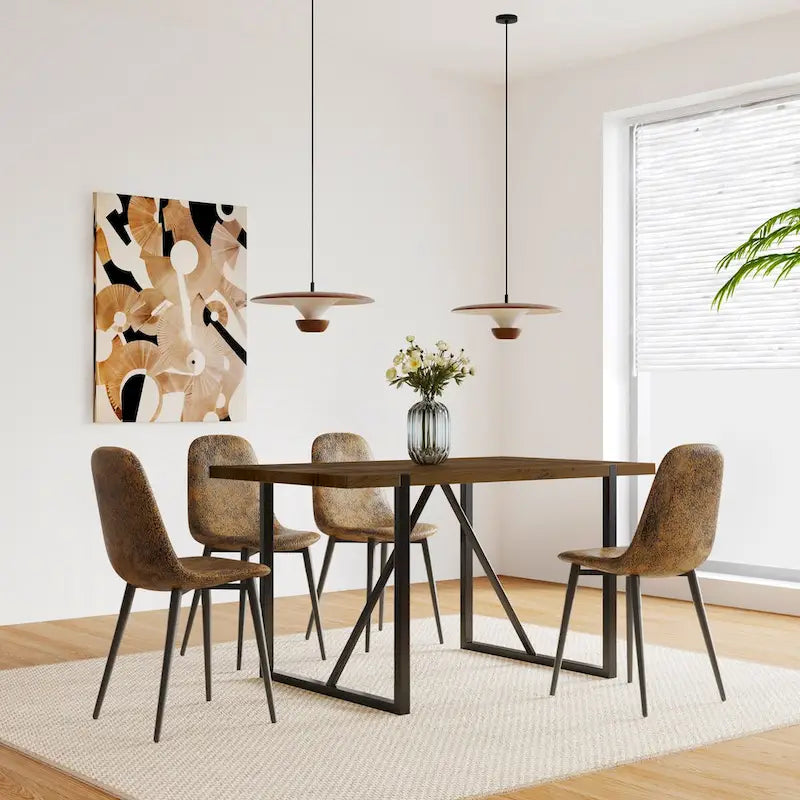 MDF Wood Colour Dining Table and Modern Dining Chairs Set of 4, Mid Century Wooden Kitchen Table Set, Metal Base & Legs