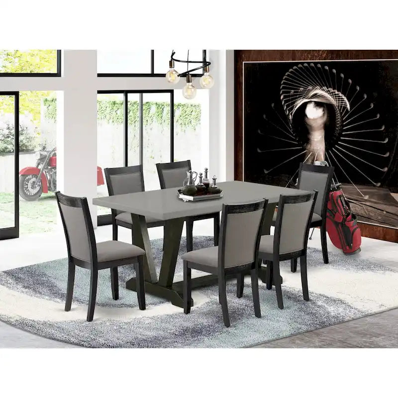 East West Furniture 7 Piece Dinette Set- a Dining Table and 6 Linen Fabric Parson Chairs, Black(Fabric Color Options)