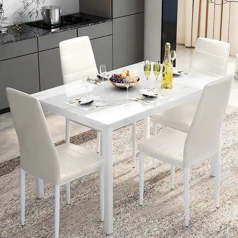 Modern 5-Piece Kitchen Dining Set, Counter Height Dinette Set with Marble Look Top and 4 Upholstered PU Leather Chairs