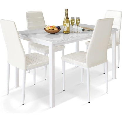 Modern 5-Piece Kitchen Dining Set, Counter Height Dinette Set with Marble Look Top and 4 Upholstered PU Leather Chairs