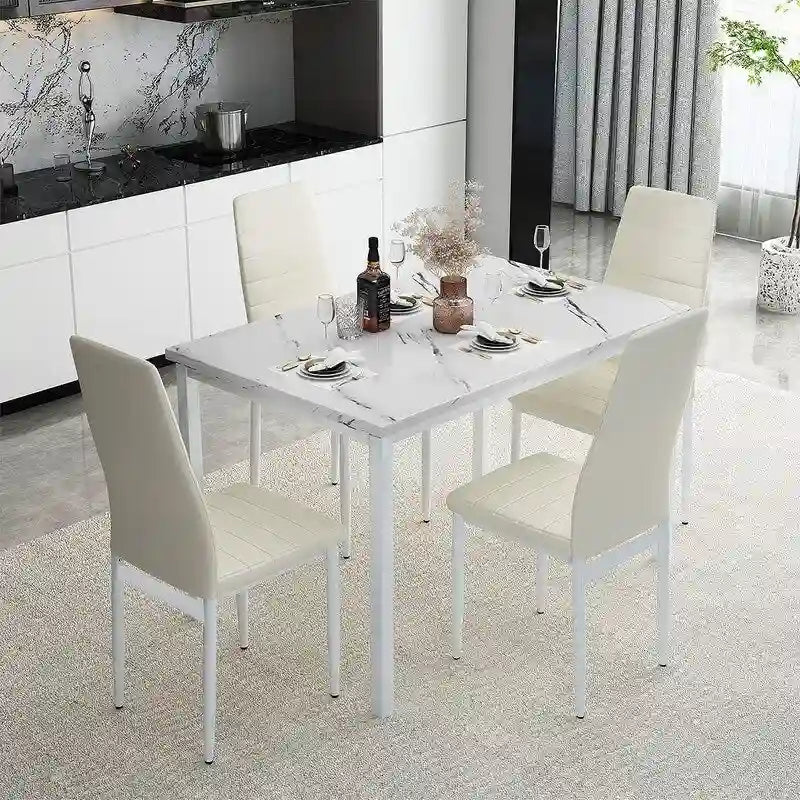 Modern 5-Piece Kitchen Dining Set, Counter Height Dinette Set with Marble Look Top and 4 Upholstered PU Leather Chairs