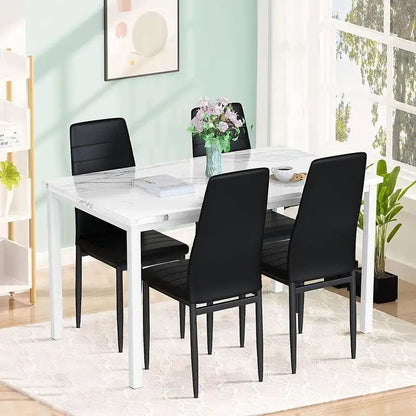 Modern 5-Piece Kitchen Dining Set, Counter Height Dinette Set with Marble Look Top and 4 Upholstered PU Leather Chairs