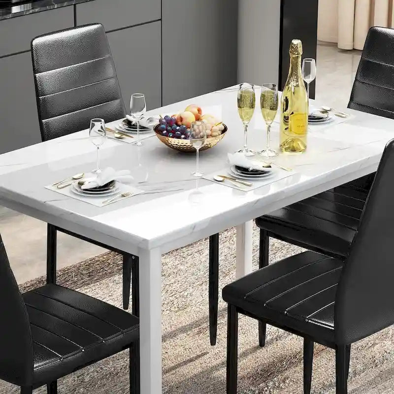 Modern 5-Piece Kitchen Dining Set, Counter Height Dinette Set with Marble Look Top and 4 Upholstered PU Leather Chairs