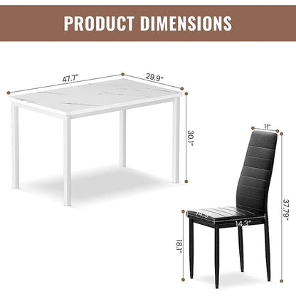 Modern 5-Piece Kitchen Dining Set, Counter Height Dinette Set with Marble Look Top and 4 Upholstered PU Leather Chairs