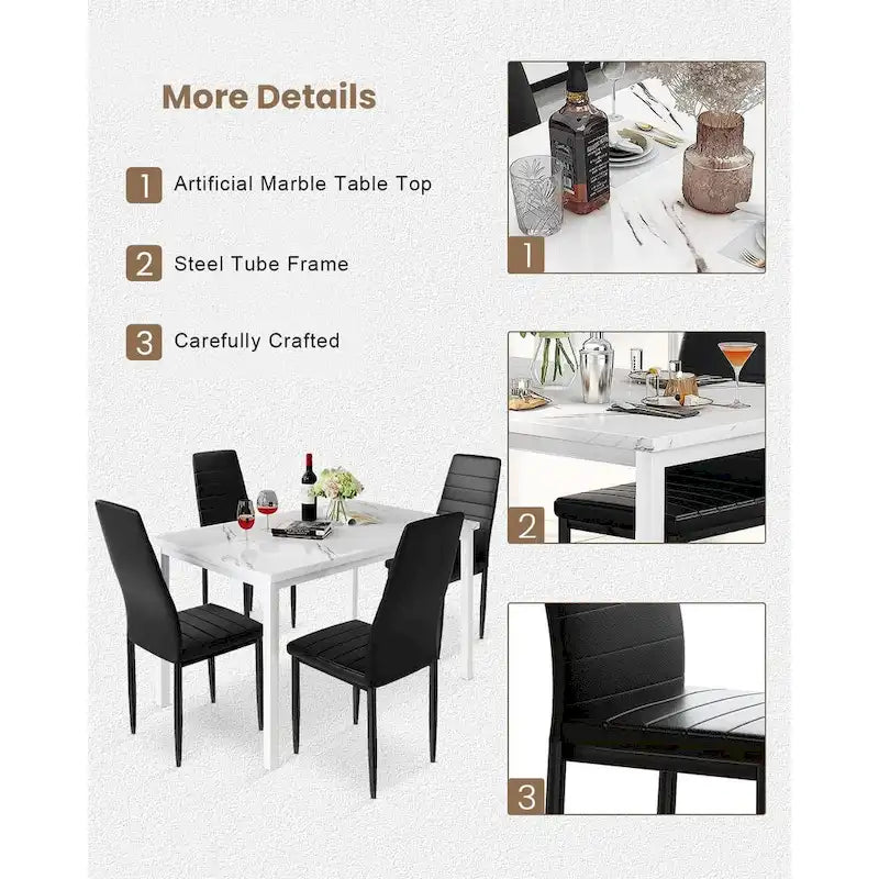 Modern 5-Piece Kitchen Dining Set, Counter Height Dinette Set with Marble Look Top and 4 Upholstered PU Leather Chairs