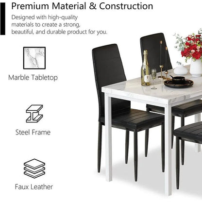 Modern 5-Piece Kitchen Dining Set, Counter Height Dinette Set with Marble Look Top and 4 Upholstered PU Leather Chairs
