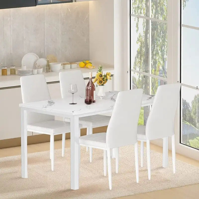 Modern 5-Piece Kitchen Dining Set, Counter Height Dinette Set with Marble Look Top and 4 Upholstered PU Leather Chairs