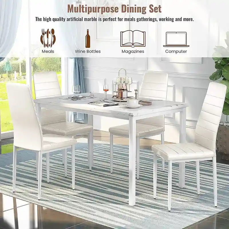 Modern 5-Piece Kitchen Dining Set, Counter Height Dinette Set with Marble Look Top and 4 Upholstered PU Leather Chairs