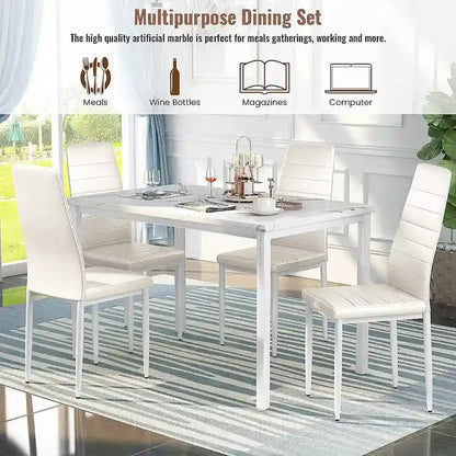 Modern 5-Piece Kitchen Dining Set, Counter Height Dinette Set with Marble Look Top and 4 Upholstered PU Leather Chairs