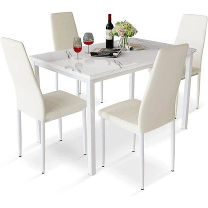 Modern 5-Piece Kitchen Dining Set, Counter Height Dinette Set with Marble Look Top and 4 Upholstered PU Leather Chairs