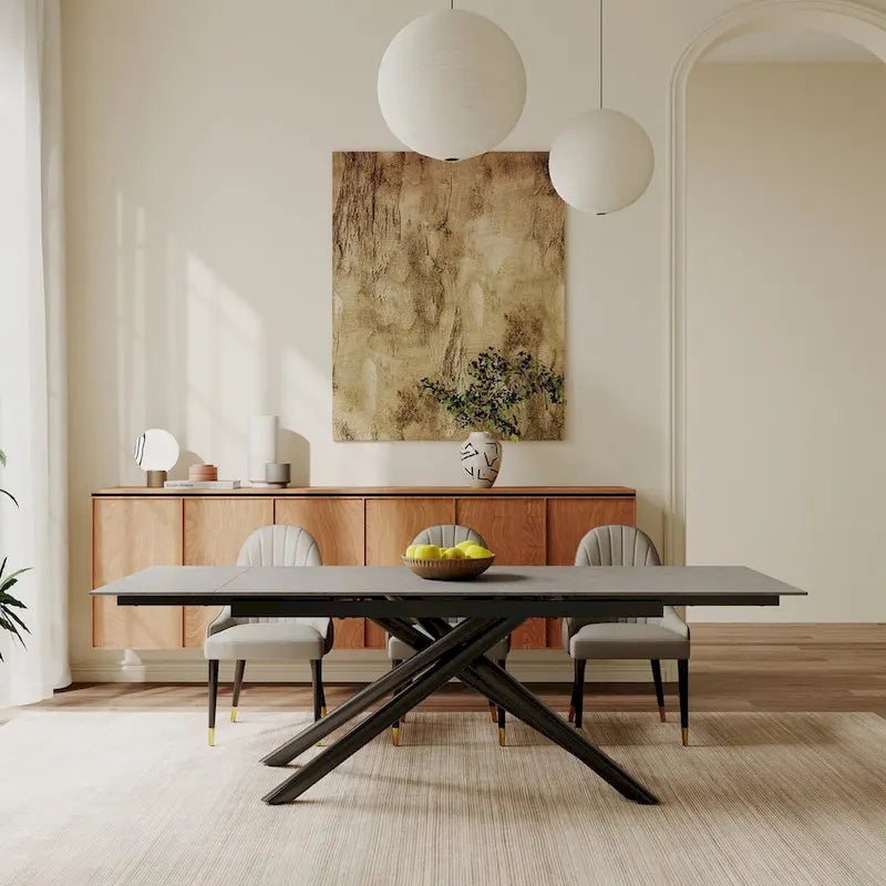 9 - Piece Extendable Rectangular Sintered Stone Cross Legs Dining Set With 8 Chairs