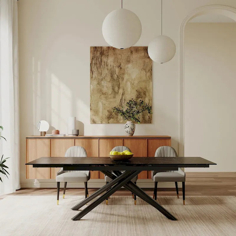 9 - Piece Extendable Rectangular Sintered Stone Cross Legs Dining Set With 8 Chairs