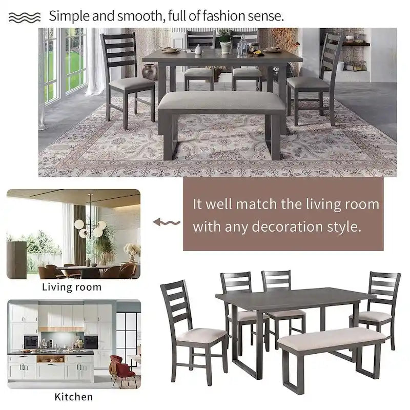60  Rectangular Solid Wood Dining Table with 4 Upholstered Chairs and Bench