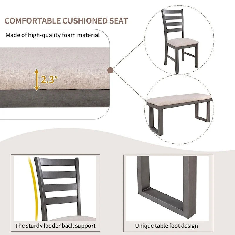 60  Rectangular Solid Wood Dining Table with 4 Upholstered Chairs and Bench