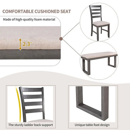 60  Rectangular Solid Wood Dining Table with 4 Upholstered Chairs and Bench