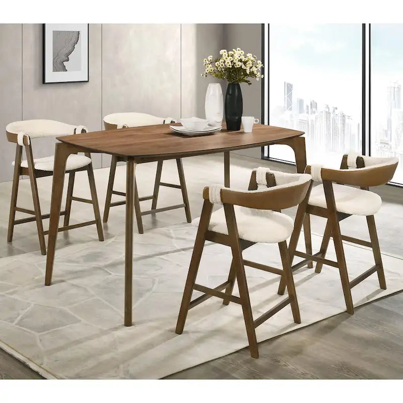 Furniture of America Shaw Mid-century 5-Piece Walnut Wood Counter Height Table Set with 4 Chairs