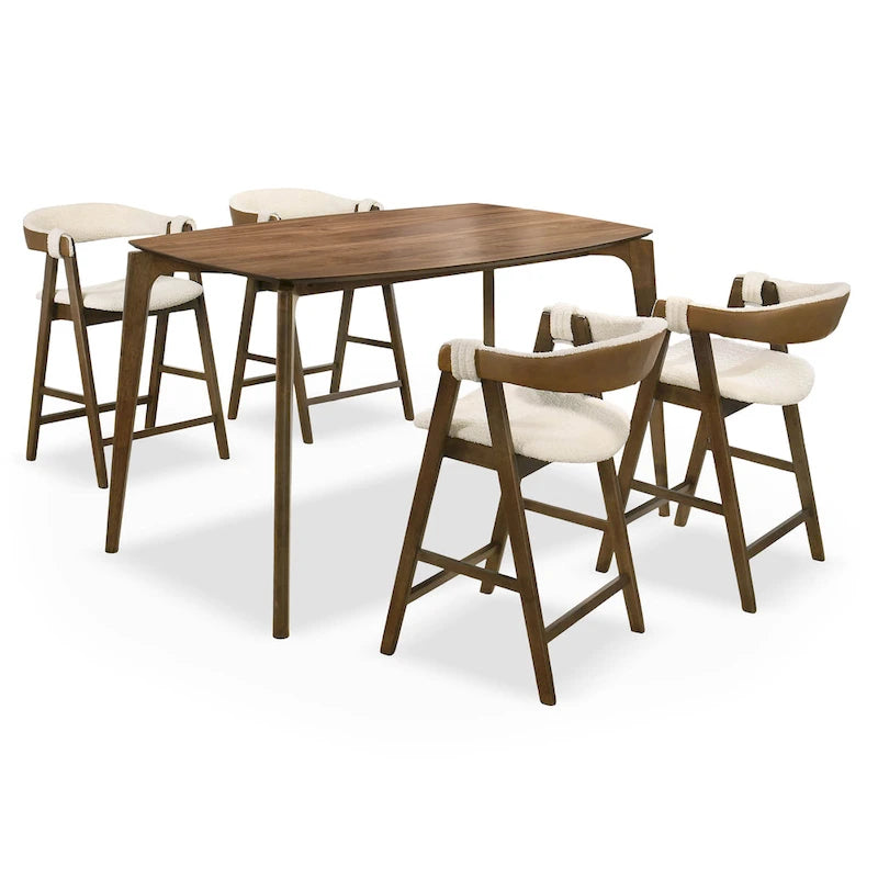 Furniture of America Shaw Mid-century 5-Piece Walnut Wood Counter Height Table Set with 4 Chairs