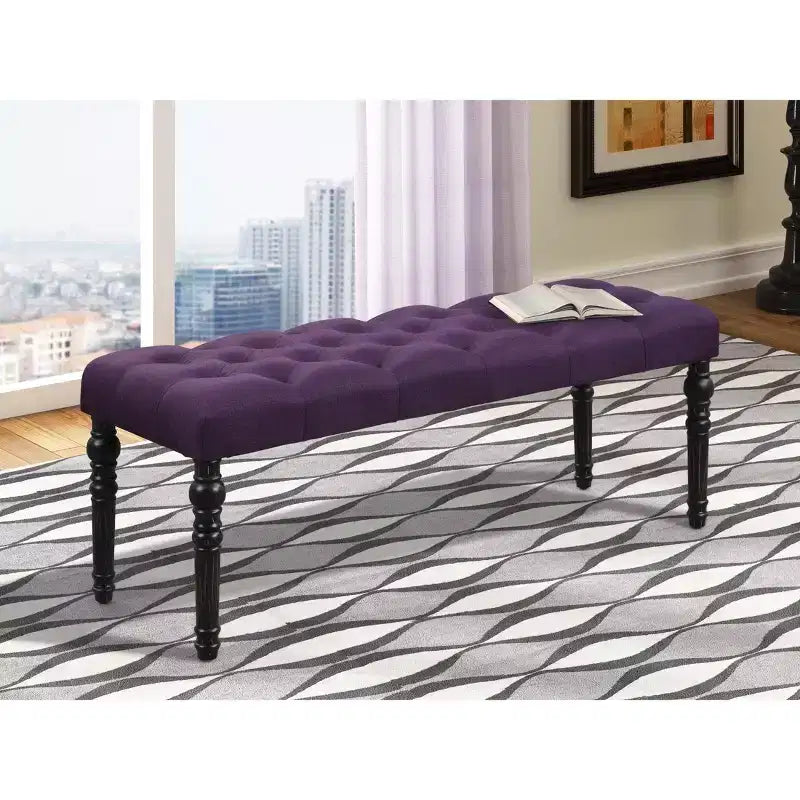 Leviton Fabric Tufted Turned Leg Dining Bench, Purple