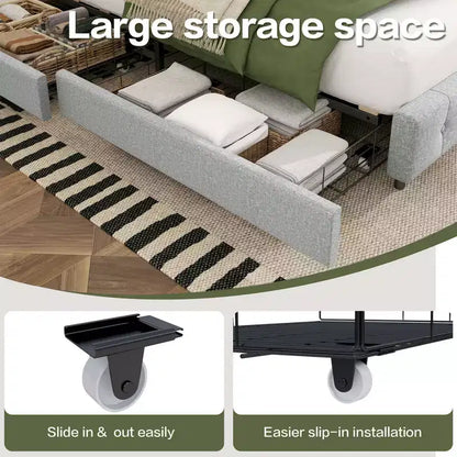 HYLEORY Queen Storage Bed Frame with 4 Drawers & Headboard, Upholstered Platform Bed Frame
