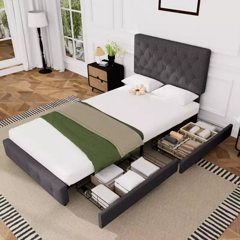 HYLEORY Queen Storage Bed Frame with 4 Drawers & Headboard, Upholstered Platform Bed Frame