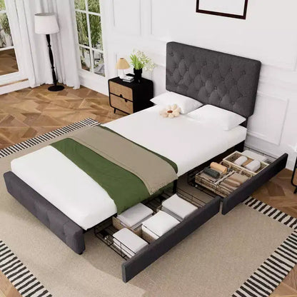 HYLEORY Queen Storage Bed Frame with 4 Drawers & Headboard, Upholstered Platform Bed Frame