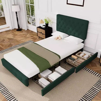 HYLEORY Queen Storage Bed Frame with 4 Drawers & Headboard, Upholstered Platform Bed Frame
