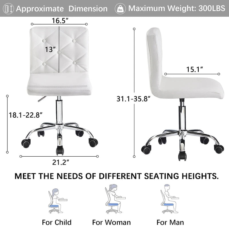 Javlergo Armless Office Desk Chair, PU Leather Mid-Back Adjustable Height 360 Rolling Swivel for Home Office Work