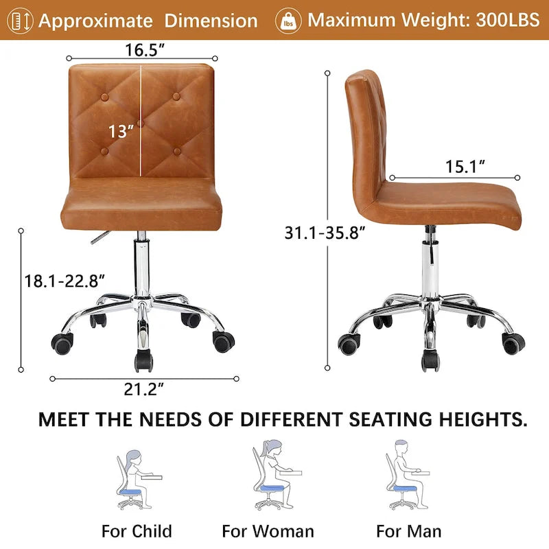 Javlergo Armless Office Desk Chair, PU Leather Mid-Back Adjustable Height 360 Rolling Swivel for Home Office Work