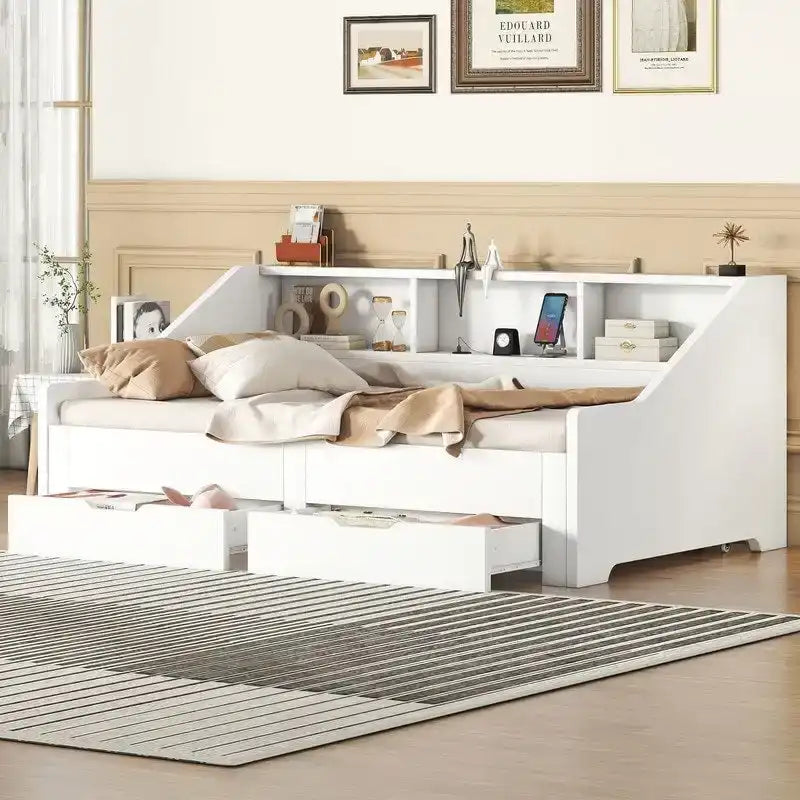 Struttura per divano letto singolo a due piazze con librerie portaoggetti e due cassetti, design con ricarica