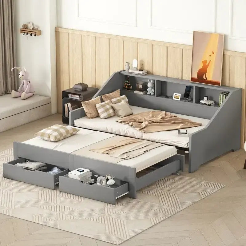 Struttura per divano letto singolo a due piazze con librerie portaoggetti e due cassetti, design con ricarica