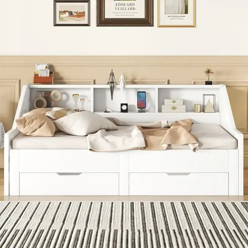 Struttura per divano letto singolo a due piazze con librerie portaoggetti e due cassetti, design con ricarica