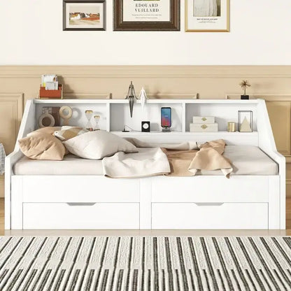Struttura per divano letto singolo a due piazze con librerie portaoggetti e due cassetti, design con ricarica
