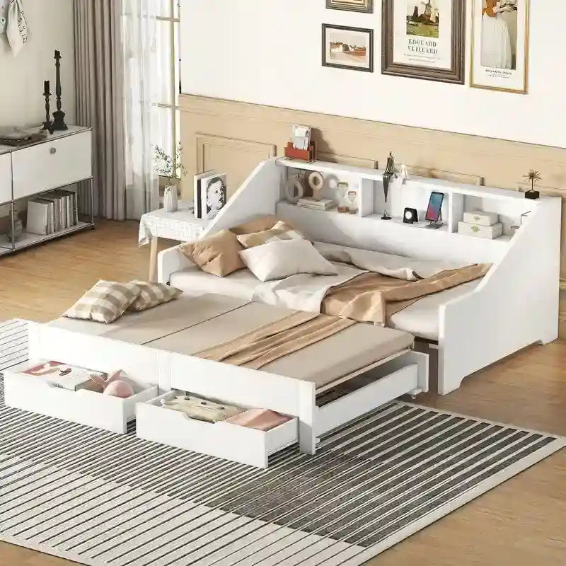 Struttura per divano letto singolo a due piazze con librerie portaoggetti e due cassetti, design con ricarica
