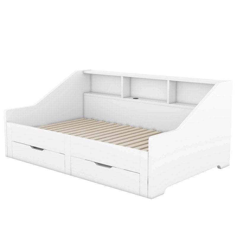 Struttura per divano letto singolo a due piazze con librerie portaoggetti e due cassetti, design con ricarica