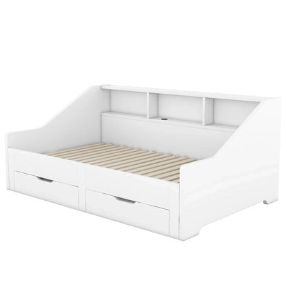 Struttura per divano letto singolo a due piazze con librerie portaoggetti e due cassetti, design con ricarica