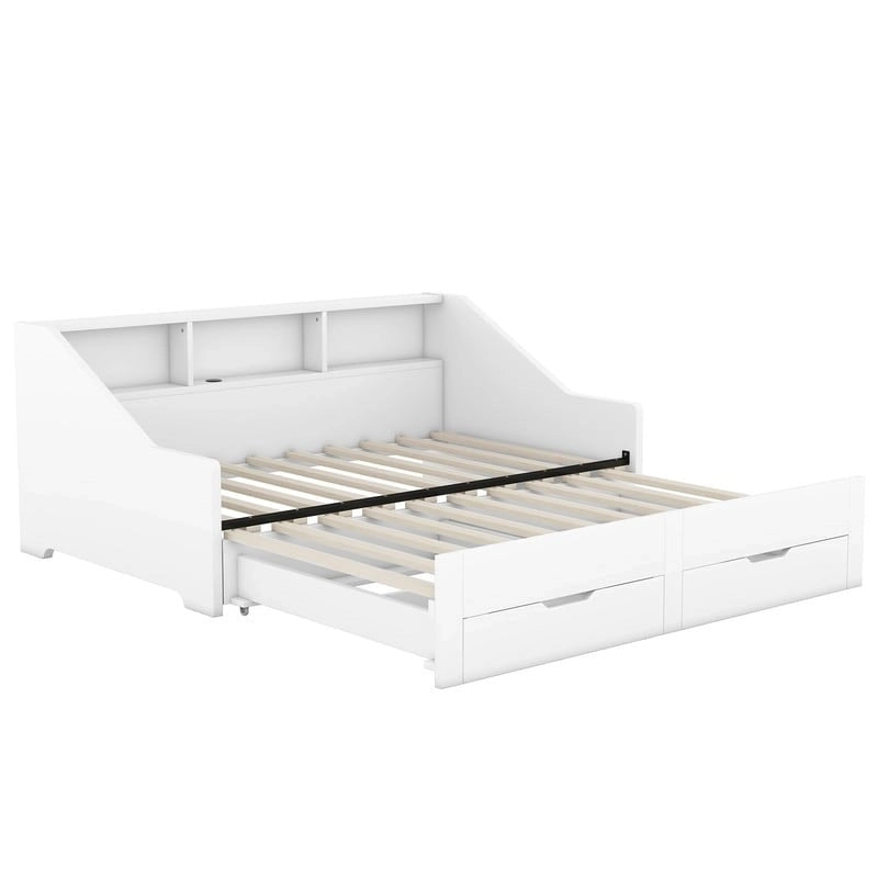 Struttura per divano letto singolo a due piazze con librerie portaoggetti e due cassetti, design con ricarica