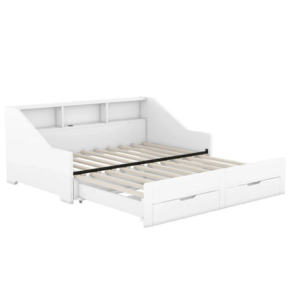 Struttura per divano letto singolo a due piazze con librerie portaoggetti e due cassetti, design con ricarica