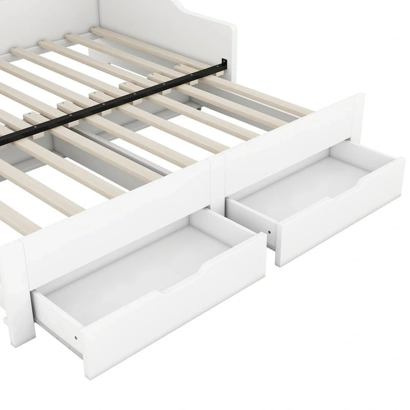 Struttura per divano letto singolo a due piazze con librerie portaoggetti e due cassetti, design con ricarica