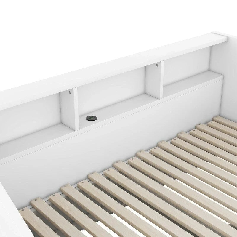 Struttura per divano letto singolo a due piazze con librerie portaoggetti e due cassetti, design con ricarica