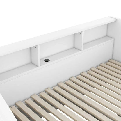 Struttura per divano letto singolo a due piazze con librerie portaoggetti e due cassetti, design con ricarica
