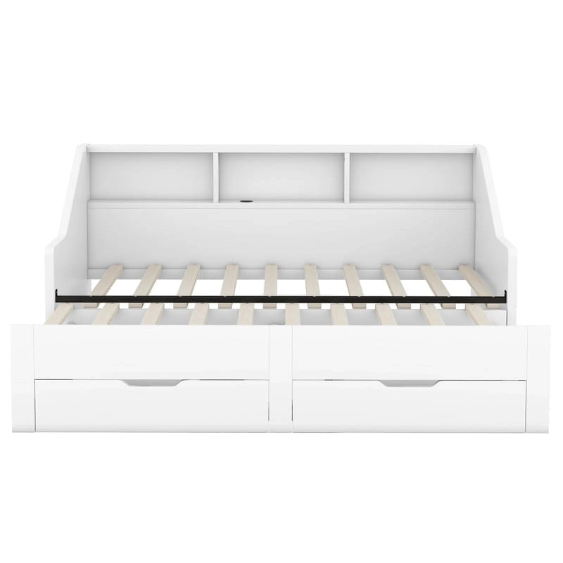 Struttura per divano letto singolo a due piazze con librerie portaoggetti e due cassetti, design con ricarica