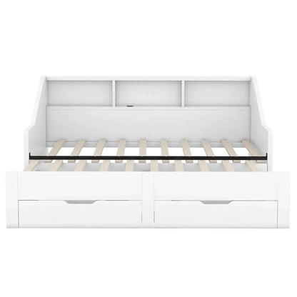 Struttura per divano letto singolo a due piazze con librerie portaoggetti e due cassetti, design con ricarica